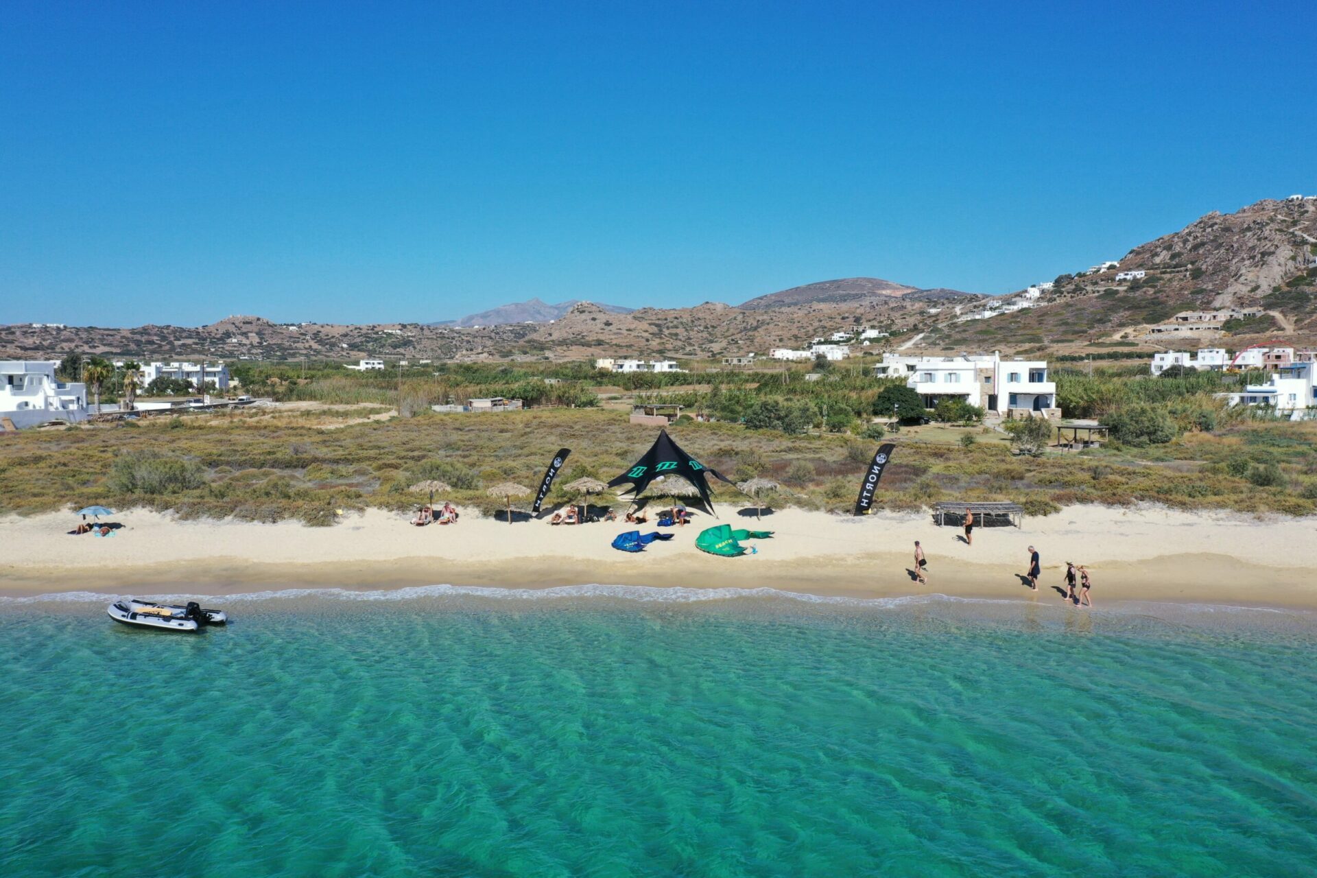 Our beautiful kite spot with crystal clear blue waters at Plaka Beach